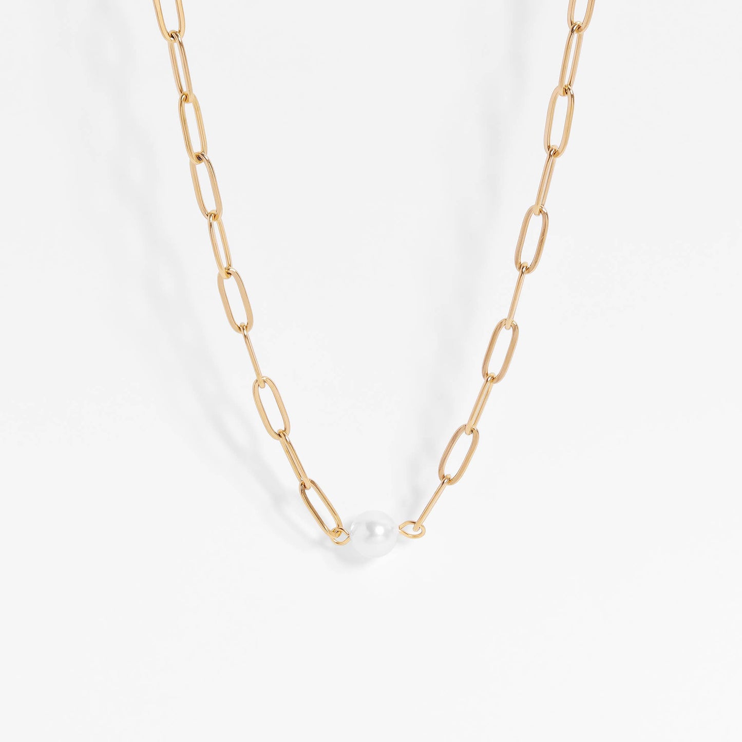 Stainless Steel / Gold Paperclip Necklace With Pearl