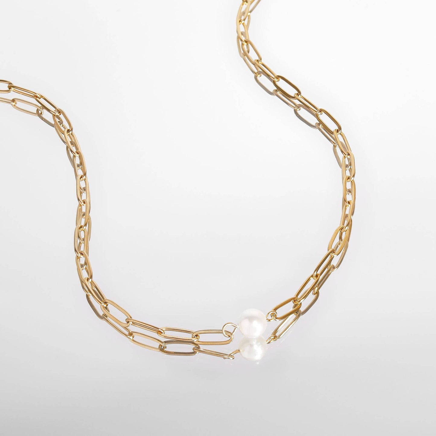 Stainless Steel / Gold Paperclip Necklace With Pearl