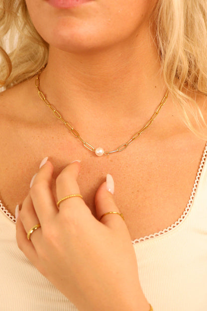 Stainless Steel / Gold Paperclip Necklace With Pearl